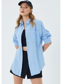 Resim Mixray 3833 Kadın Oversize Cepli Müslin Gömlek Bebe Mavi 