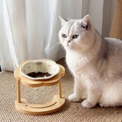 Resim Pastel Seramik Evcil Hayvan Kabı, Ahşap Ayaklı Yükseltilmiş Kedi ve Köpek Maması Kabı, Kaymaz Tasarım ile Rahat Besleme, Kalın Tabanlı, Şık ve Sevimli Hediye Seti (Moda Evcil Hayvan Aksesuarı) 