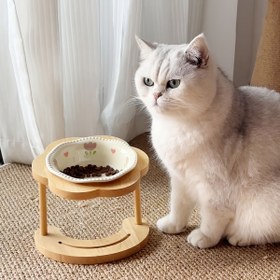 Resim Pastel Seramik Evcil Hayvan Kabı, Ahşap Ayaklı Yükseltilmiş Kedi ve Köpek Maması Kabı, Kaymaz Tasarım ile Rahat Besleme, Kalın Tabanlı, Şık ve Sevimli Hediye Seti (Moda Evcil Hayvan Aksesuarı) 