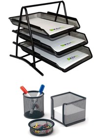 Resim Temat A4 Evrak Rafı Metal Üçlü Perfore 3'lü Set (kalemlik, Ataşlık) 