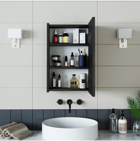 Resim ROOMART Banos Banyo Kulpsuz Tek Kapaklı Ahşap Siyah 40 Cm Aynalı Banyo Üst Dolabı 