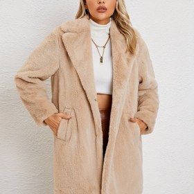 Resim Fuzzy Orta Uzunlukta Palto, Rahat Açık Ön Uzun Kollu Dış Giyim, Kadın Giyim 