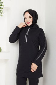 Resim CNG MODA Kadın Kapüşonlu Kol Şeritli Eşofman Takımı 