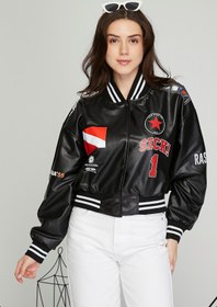 Resim Black Level Kadın Baskılı Kolej Mont Bomber Ceket Deri Mont Oversize Deri Biker Yarışçı Motorcu Deri Ceket 