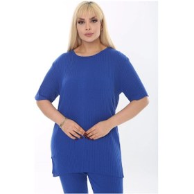 Resim Modasehle Kadın Kısa Kollu Beli Lastikli Yırtmaçlı Rahat Kalıp İkili Pijama Takım Saks 