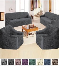 Resim StarMall Kadife 3+3+1+1 Lastikli Kanepe Örtüsü Koltuk Örtüsü Antrasist 