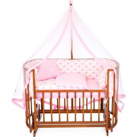 Resim Ahşap Beşik Anne Yanı Beşik Ceviz 60x120 Pembe Balina Uyku Seti Yatak Ceviz 