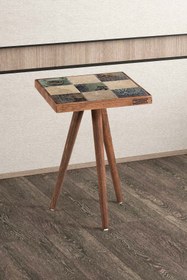 Resim Resmo Treverten Taşlı Doğal Ağaç 32x32cm Ceviz Dekoratif Yan Sehpa Mobilya 