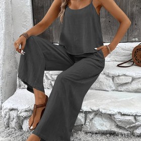 Resim DP032748 - 2 Parça Kadın Yelek ve Geniş Paça Pantolon Takımı, Yazlık 