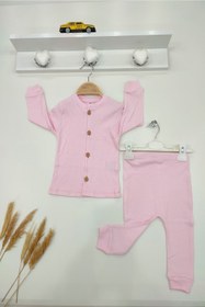 Resim dubi baby Pembe Raporlu Önden Düğmeli 2'li Bebek Pijama Takımı 1-2-3 Yaş 