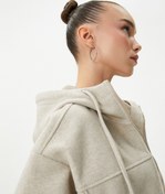 Resim Şardonlu Kapüşonlu Fermuarlı Sweatshirt Crop Yumuşak Dokulu Cepli 