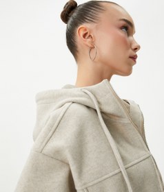 Resim Şardonlu Kapüşonlu Fermuarlı Sweatshirt Crop Yumuşak Dokulu Cepli 