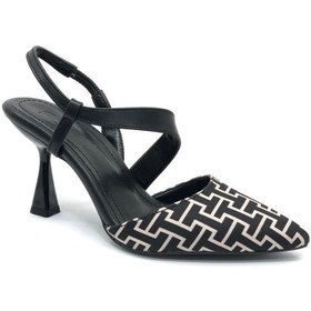 Resim Feles Çapraz Detaylı Arkası Açık Stiletto Kadın Topuklu Ayakkabı Siyah Beyaz 