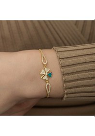 Resim 925 Ayar Gümüş Gold Nazarlı Yonca Bileklik 