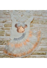 Resim Pekminibebe 1-2-3 Yaş Payetli Mickey Nakışlı Kısa Kollu Brode Etekli 2li Kız Bebek Takımı Pudra 