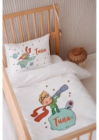 Resim %100 Pamuk Saten Isme Özel Isimli 100x150 Bebek Yatak Nevresim Seti Küçük Prens Ve Gül 