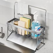 Resim Paslanmaz Çelik Lavabo Caddy Düzenleyici ve Süzgeç Tepsisi - Süngerler, Sabunluk ve Temizlik Bezleri için Paslanmaz Mutfak Depolama - Dayanıklı Tezgah Aksesuarı, Mutfak Lavabosu için Sünger Tutucu 