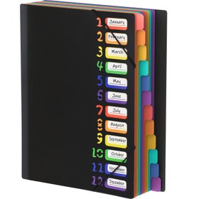 Resim Gökkuşağı Renkli Sekmeler ve Ay Bölmeli Çok Katmanlı A4 Klasör - Okul, Ofis, Ev için Dayanıklı Plastik Belge Organizatörü - Renk Kodlu Takvim Sistemi, Etiketlenmiş Aylar, Sağlam Siyah Kapak, Okul İçin Klasörler 