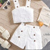 Resim Şık Yenisel Stil Kızların 2 Adet Şort Seti, Ruffle Omuz Kollu ve Sahte Düğme Detayları ile - Gençler için Rahat Esnek Fit Beyaz Polyester Kıyafet, İlkbahar/Yaz Kıyafeti|Ruffle Omuz Şortları|Polietilen Şortlar, Açık Hava için 