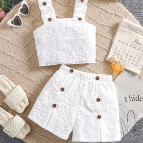 Resim Şık Yenisel Stil Kızların 2 Adet Şort Seti, Ruffle Omuz Kollu ve Sahte Düğme Detayları ile - Gençler için Rahat Esnek Fit Beyaz Polyester Kıyafet, İlkbahar/Yaz Kıyafeti|Ruffle Omuz Şortları|Polietilen Şortlar, Açık Hava için 