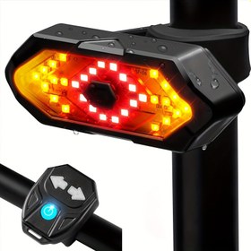 Resim Sol/Sağ Yön Işıklı USB Şarj Edilebilir LED Bisiklet Arka Lambası - 5 Mod, Uzaktan Kumanda, IPX7 Su Geçirmez, Güvenlik Alarm Hoparlörü, Kırmızı/Sarı LED'ler, ABS+PC, Gece Sürüşü için Kompakt Tasarım, Gece Sürüşü için Bisiklet Işıkları, Dayanıklı PC Lens 