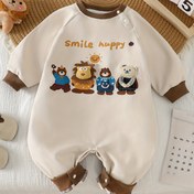 Resim Erkek Bebekler İçin Sevimli Aslan & Hayvan Desenli Tulum - Yumuşak Uzun Kollu Çıtçıtlı Gülümseyen Yüz Tasarımlı, Bej ve Kahverengi Günlük Oyun Giysisi, İlkbahar/Sonbahar Kıyafeti (Elde Yıkanabilir), Dış Mekan İçin Mükemmel 