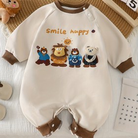 Resim Erkek Bebekler İçin Sevimli Aslan & Hayvan Desenli Tulum - Yumuşak Uzun Kollu Çıtçıtlı Gülümseyen Yüz Tasarımlı, Bej ve Kahverengi Günlük Oyun Giysisi, İlkbahar/Sonbahar Kıyafeti (Elde Yıkanabilir), Dış Mekan İçin Mükemmel 