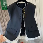 Resim Kadınlar İçin Dantel Detaylı ve Altın Renkli Düğmeli Kolsuz Yelek Ceket - Siyah Beyaz Kontrast Desen, Notch Yaka, Makinede Yıkanabilir Her Mevsim Ofis & Günlük Kullanım için Çok Amaçlı Blazer Yelek, Profesyonel Giyim Aksesuarı, Kontrast Renk Tasarımı 