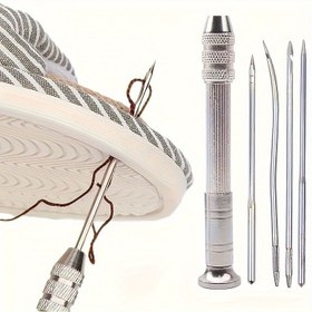 Resim 5 Parça Suni Deri Dikiş Ağız Seti, Değiştirilebilir Metal İğnelerle - Çok Yönlü Ayakkabı Tamir ve DIY El Sanatları Kiti, Dokulu Tutma Sapı, Deri İşleme Araçları 