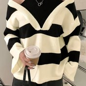 Resim Kadınların Şık Omuz Üstü Çizgili Kazak - Şık Halter Yaka, Uzun Kollu, Siyah ve Sarı Renk Blok Tasarımı, Sonbahar/Kış için Bol Kesim, Sonbahar/Kış Giyim | Şık Örgü Giyim | Dokuma 