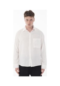 Resim R-6050 Ayaklı Yaka Tek Cep Detaylı Uzun Kol Modal Gömlek Ekru 