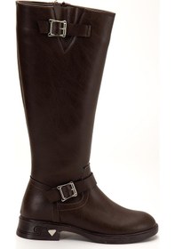 Resim Kahverengi Kadın Çizme Düz Topuklu Bilek Kemerli-4285 Kahverengi 