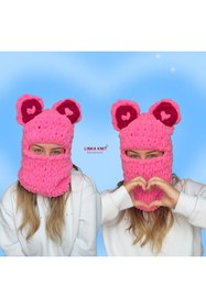 Resim Linka Knit Kalpli Kulak Pembe Ayı Kar Maskesi, Kışlık Balaklava, Tavşan Kulaklı Maske 
