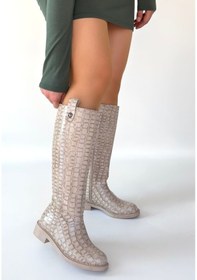 Resim Desenli Yandan Fermuarlı Topuklu Diz Altı Çizme Bej Topuk Boyu 3 Cm Bej 