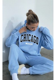Resim Eşofman Takımı Sweatshirt - Bebe Mavisi Baskılı Oversize Şardonlu Kapüşonlu Bebe Mavisi 