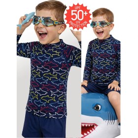 Resim Denokids Uv Korumalı Erkek Çocuk Mayo T-Shirt Uvp+50 Faktör Koruma Uzun Kollu Köpekbalığı 