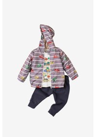 Resim Araba Desenli Kapüşonlu İçi Pamuklu Yağmurluk Bebek Takımı Gri 