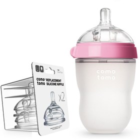 Resim Comotomo Silikon Biberon 250ml Pembe + 2'li Yavaş Akışlı Biberon Emziği 