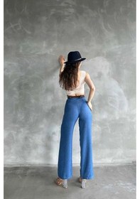 Resim Tane Tasarım Kadın Yazlık Trend Beli Kemerli Keten Pantolon Mavi Mavi 