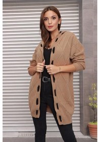 Resim Aqe Fashion Kapüşonlu Kabartma Desenli Şerit Garnili Camel Hırka CAMEL Camel 