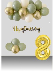 Resim 8 Yaş Retro Krom Gold Küf Yeşili Kum Beji Balon Happy Birthday Banner Gold Rakam Doğum Günü Süsleme Çok Renkli 