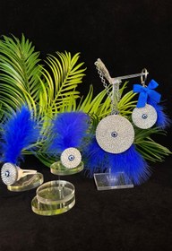 Resim TASARIM ARABAM ATİKE ELİF AKIN Saks Mavi Tüylü Gümüş Renk Nazar Set - 2 Adet Tüylü Klima Koku & Tüylü Dikiz Süsü & Saks Mavi Kurdel 