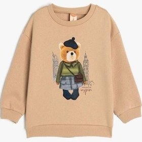 Resim Koton Kız Bebek Sweatshirt Ayıcık Baskılı Uzun Kollu Bisiklet Yaka Pamuklu Şardonlu Kahve 