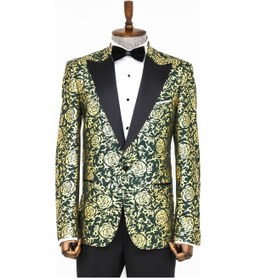 Resim Wessi Gold Gül Desenli Slim Fit Yeşil Erkek Smokin Ceket Yeşil 
