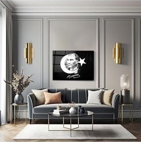 Resim Cam Tablo - Atatürk Ay Yıldız - Duvar Dekorasyonu - Ofis Dekorasyonu - Duvar Tablosu - Yt siyah - Beyaz, 30 x 45 