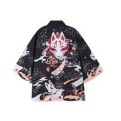 Resim Erkek Tilki Maskesi Kimono Hırka - Siyah ve Beyaz Tilki Baskılı Kırmızı Vurgularla, Gevşek Kesim, 3/4 Kollu, Makinede Yıkanabilir, Geleneksel Japon Tarzı, Her Mevsim Günlük Giyim, Çin Boyutu, Lütfen Boyut Rehberini Dikkatlice Kontrol Edin 