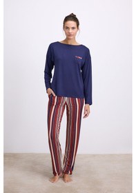 Resim Man11577-1020 Anil Ev Giyim Anıl Kadın Lacivert Uzun Kollu T-shirt Ve Çizgili Pantolon Takımı 11577 Lacivert 