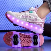 Resim Çocuklar için LED Işıklı Patenler, 16 Modlu Şarj Edilebilir Anahtarla, Çıkarılabilir PU Tekerlekler, Alçak Üst, Kumaş İç ve Tabanlık, TPR Taban, Çizgili Karo Desen, Döner Toka Kapatma, 14 Yaş ve Altı Çocuklar İçin, 28-40 Bedenler 