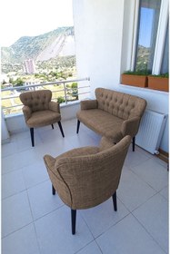 Resim Azra Aksesuar Çay Seti Koltuk Takımı - Keten Kumaş - Ahşap Ayak - Balkon Mobilyası- Kahverengi 