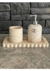 Resim Dekoratif Tepsili Traverten 3'lü Banyo Takımı Beyaz 